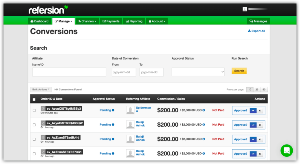  A table with a list of affiliate conversions, with a search bar above it and a green button that says 'Search' on the right.