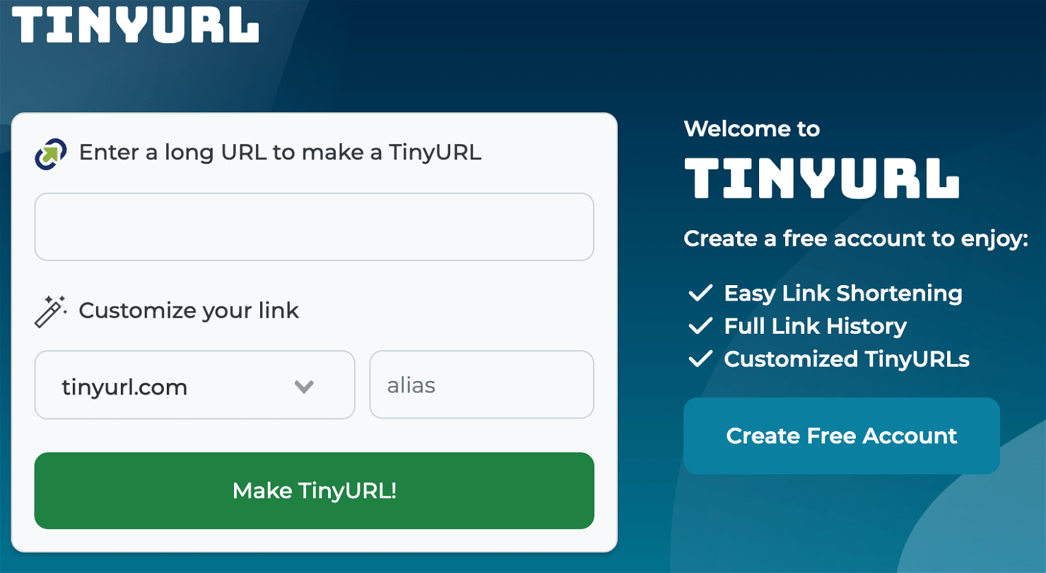 Access the Tiny URL link shortener on its homepage, no sign up required